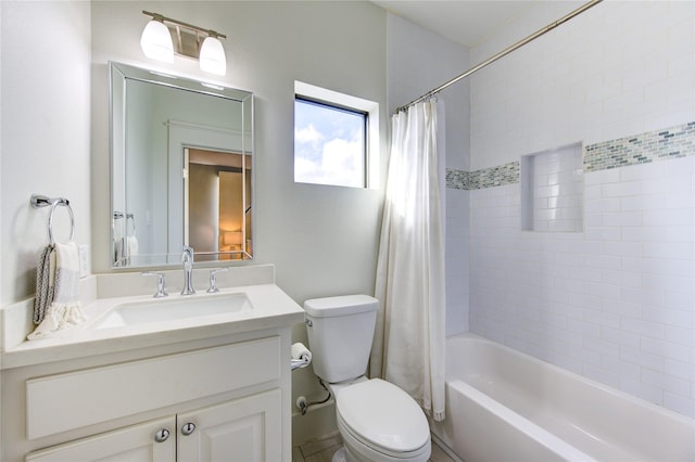 full bathroom with toilet, shower / tub combo with curtain, and vanity