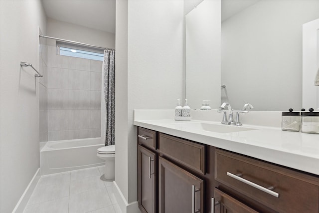 full bathroom featuring toilet, vanity, shower / tub combo with curtain, and tile patterned flooring