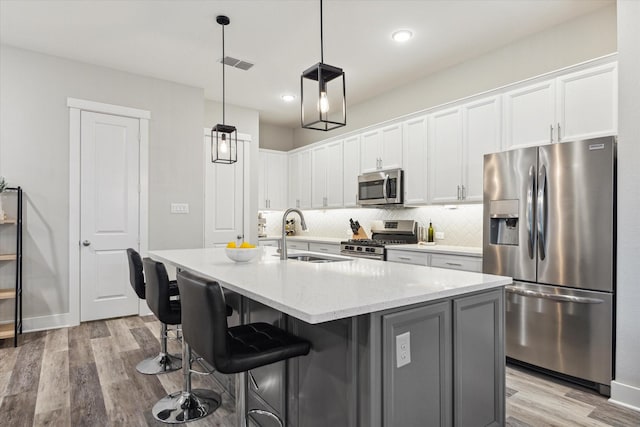 kitchen with pendant lighting, a center island with sink, white cabinets, sink, and appliances with stainless steel finishes