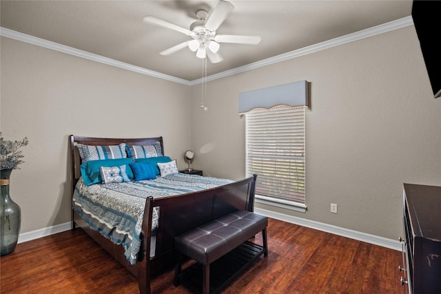 bedroom with dark hardwood / wood-style floors, ceiling fan, and ornamental molding