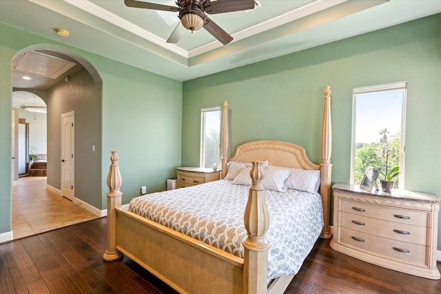 bedroom featuring a raised ceiling, ceiling fan, crown molding, and dark wood-type flooring