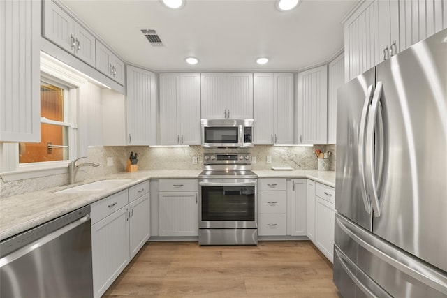 kitchen with sink, decorative backsplash, appliances with stainless steel finishes, light hardwood / wood-style floors, and white cabinetry