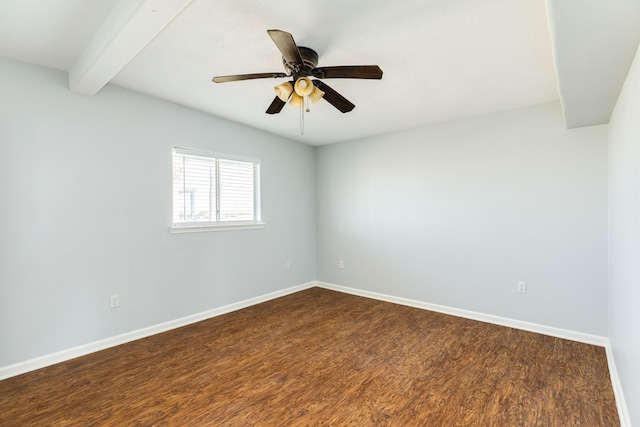 empty room featuring beamed ceiling, ceiling fan, and wood-type flooring