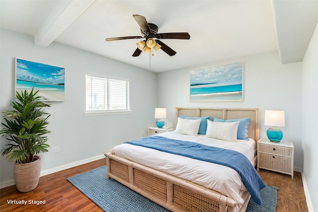 bedroom featuring beam ceiling, ceiling fan, and dark wood-type flooring