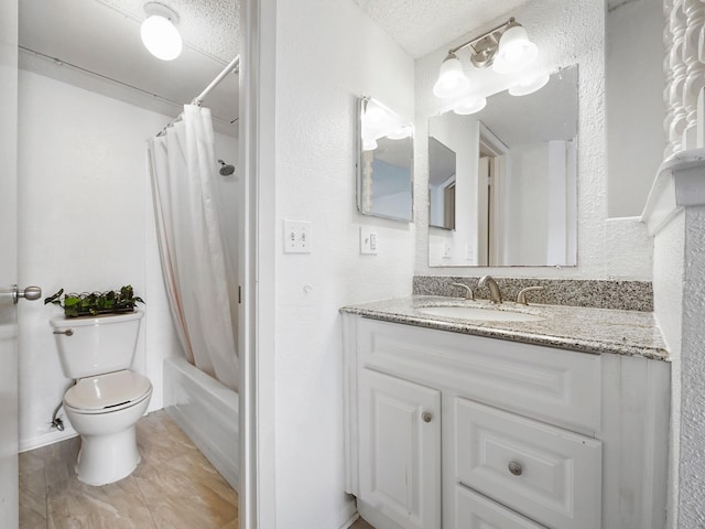 full bathroom featuring vanity, shower / bathtub combination with curtain, a textured ceiling, and toilet