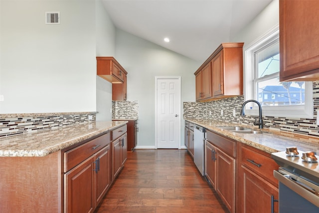 kitchen with light stone countertops, dark wood-type flooring, sink, dishwasher, and lofted ceiling