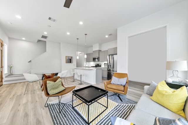 living room featuring sink and light wood-type flooring