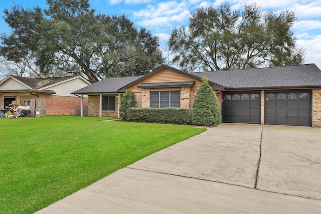 ranch-style house with a garage and a front lawn