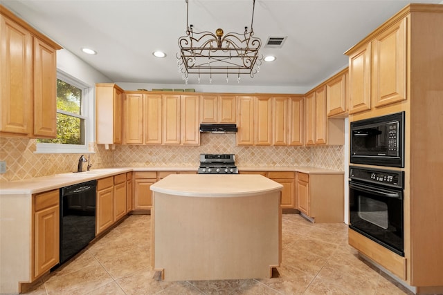 kitchen with pendant lighting, black appliances, sink, light brown cabinetry, and a kitchen island