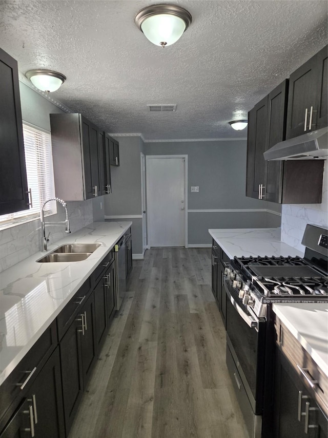 kitchen featuring stainless steel gas range oven, sink, hardwood / wood-style flooring, light stone countertops, and tasteful backsplash