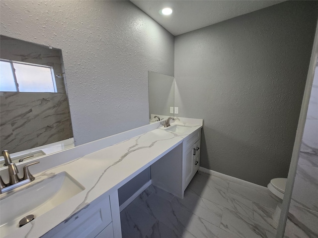 bathroom with a shower, vanity, and toilet