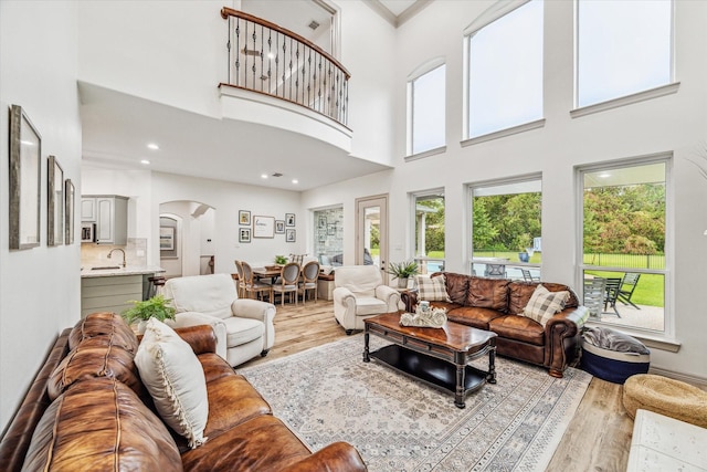 living room with light hardwood / wood-style flooring, a towering ceiling, a healthy amount of sunlight, and sink