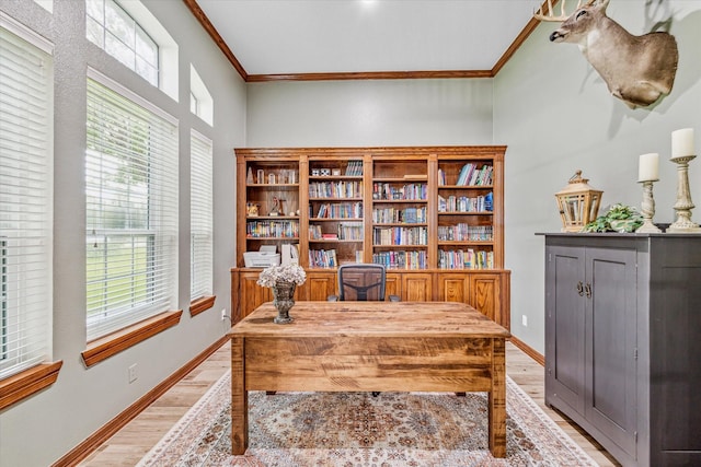 home office with light hardwood / wood-style floors and crown molding