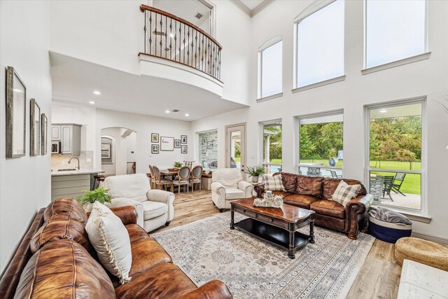 living room with plenty of natural light, light wood-type flooring, sink, and a high ceiling