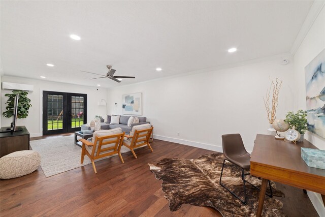 interior space with ceiling fan, dark hardwood / wood-style flooring, ornamental molding, and french doors