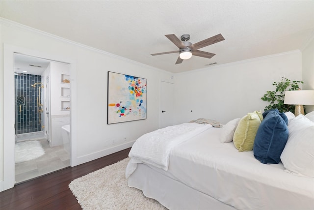 bedroom featuring ceiling fan, dark hardwood / wood-style floors, ensuite bath, crown molding, and a textured ceiling