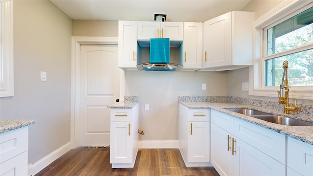 kitchen with dark hardwood / wood-style flooring, white cabinetry, sink, and light stone counters