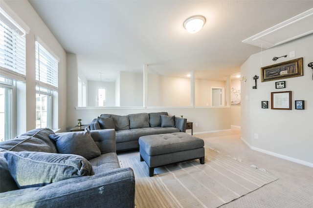 living room featuring light carpet