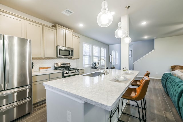 kitchen featuring appliances with stainless steel finishes, a kitchen island with sink, pendant lighting, and sink