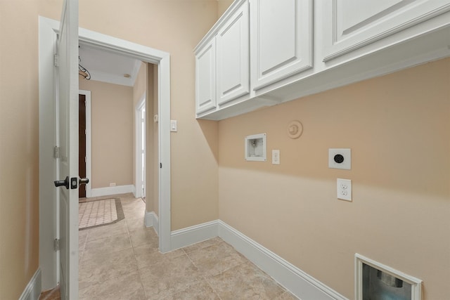 laundry area with hookup for an electric dryer, cabinets, crown molding, gas dryer hookup, and washer hookup