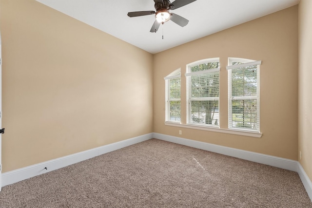 spare room featuring ceiling fan and carpet flooring