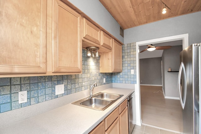 kitchen featuring light brown cabinets, sink, appliances with stainless steel finishes, tasteful backsplash, and wood ceiling