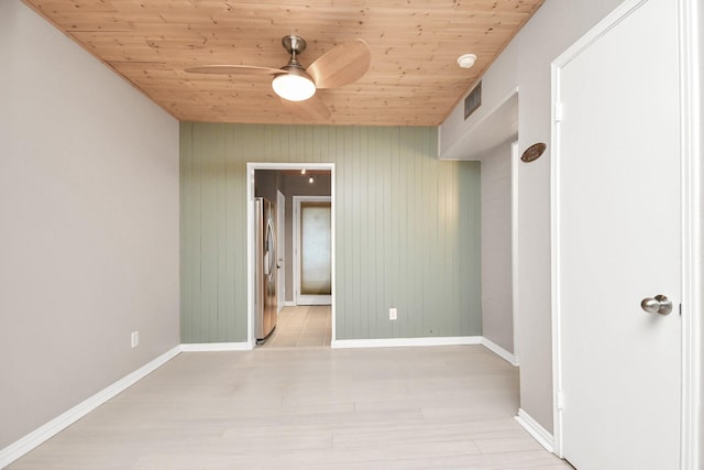 spare room featuring wooden walls, ceiling fan, and wood ceiling