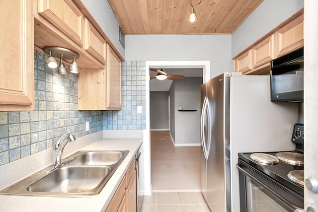 kitchen featuring sink, tasteful backsplash, black appliances, light brown cabinetry, and wood ceiling