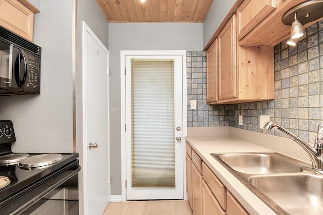 kitchen with decorative backsplash, wood ceiling, sink, black appliances, and light brown cabinets