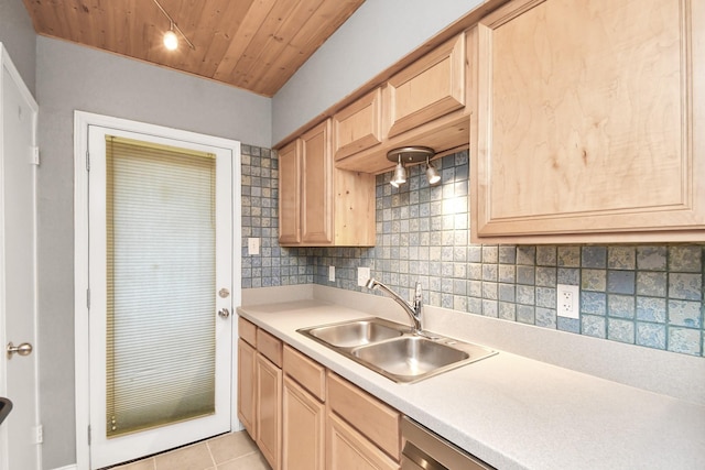 kitchen with backsplash, sink, light brown cabinets, light tile patterned floors, and wooden ceiling