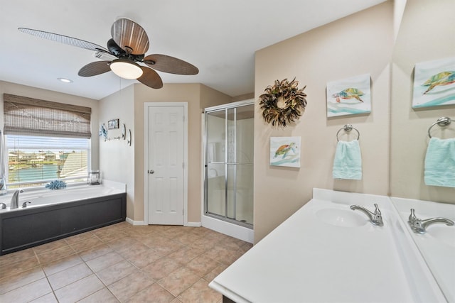 bathroom featuring separate shower and tub, ceiling fan, tile patterned flooring, and vanity