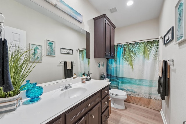 bathroom featuring vanity, hardwood / wood-style flooring, and toilet