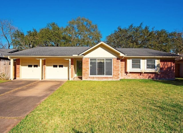 ranch-style house with a front yard and a garage