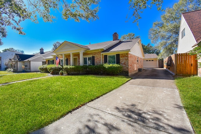 single story home featuring a front lawn, a porch, and a garage