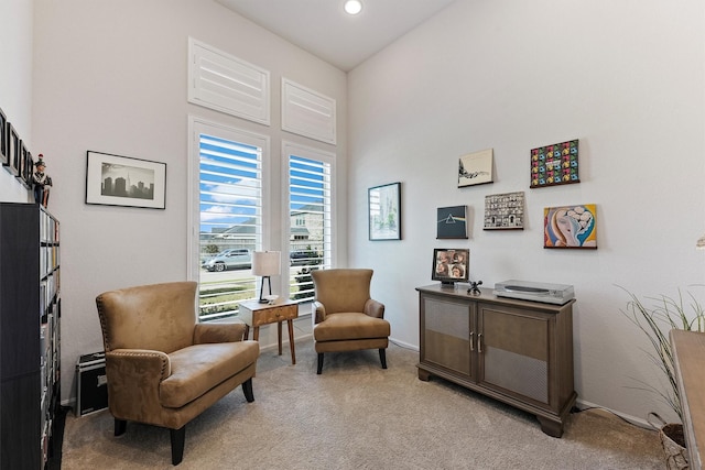 living area featuring light carpet