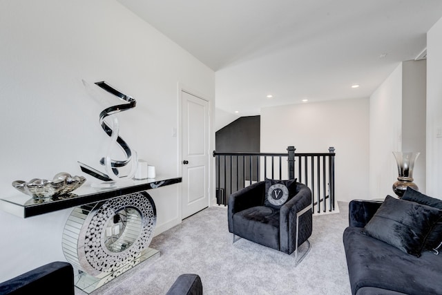 living area with recessed lighting, carpet flooring, and vaulted ceiling