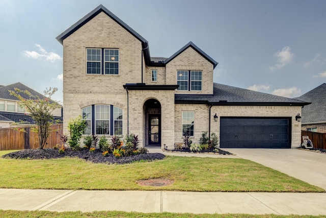 view of front of home featuring a front yard and a garage