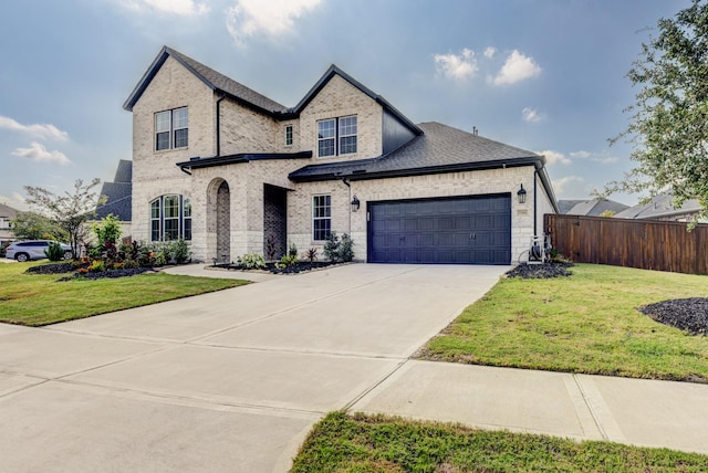 french country inspired facade with a front yard and a garage