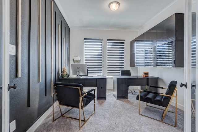 home office featuring light colored carpet and crown molding