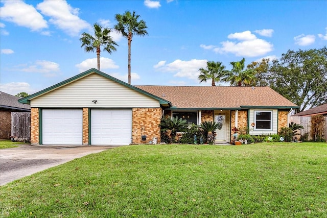 ranch-style home featuring a garage and a front lawn