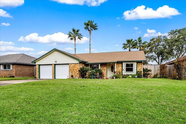 ranch-style home featuring a garage and a front lawn