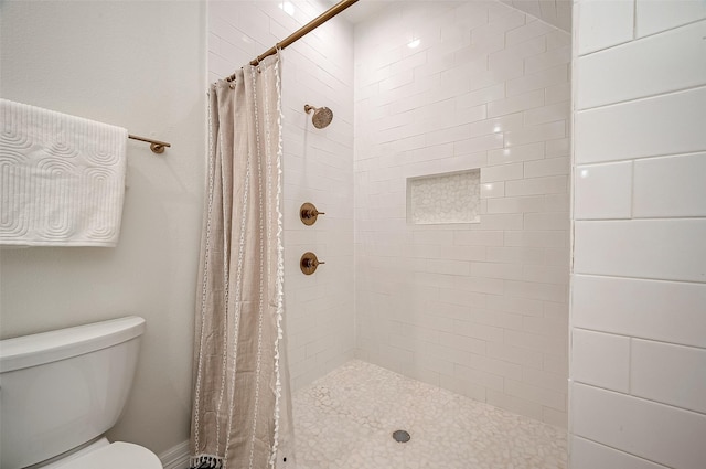 bathroom with a shower with shower curtain and toilet