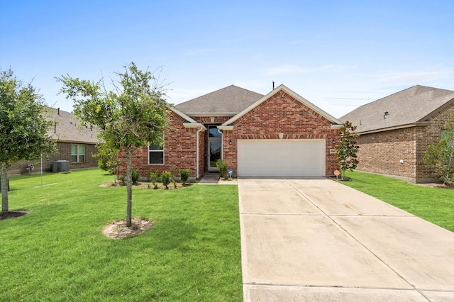 ranch-style house with a front yard and a garage