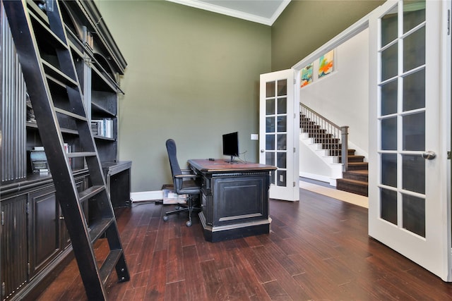 home office featuring french doors, dark hardwood / wood-style flooring, and crown molding