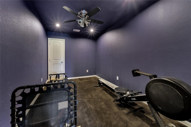 workout room featuring carpet flooring and ceiling fan