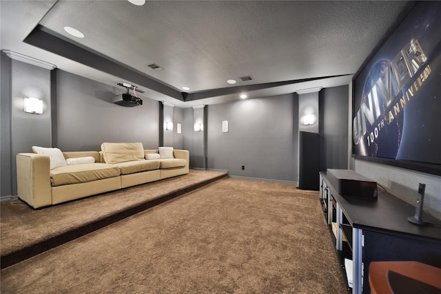 carpeted cinema with a raised ceiling and a textured ceiling