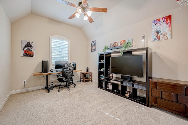 office with ceiling fan, carpet, and vaulted ceiling