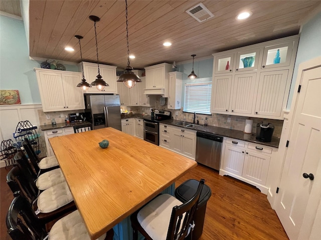 kitchen featuring wooden ceiling, white cabinets, sink, hanging light fixtures, and appliances with stainless steel finishes