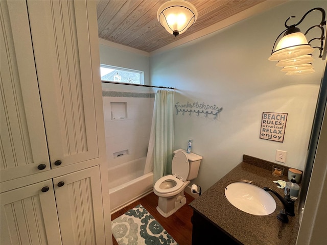 full bathroom featuring shower / tub combo, wood ceiling, vanity, hardwood / wood-style floors, and toilet