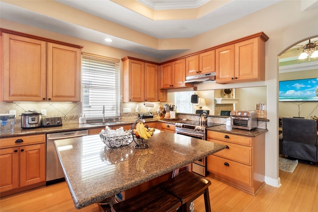 kitchen with sink, stainless steel appliances, a raised ceiling, light hardwood / wood-style floors, and a breakfast bar area